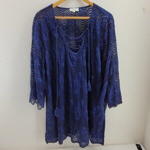 Siren Lily Swim Coverup Womens Plus 2x Blue Crochet knit with Tassels Popover